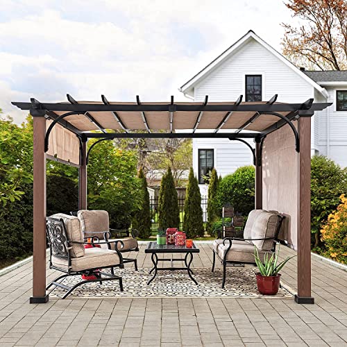 Sunjoy Outdoor Pergola 11x11 ft Black Steel with Retractable Tan Sun Shade Canopy