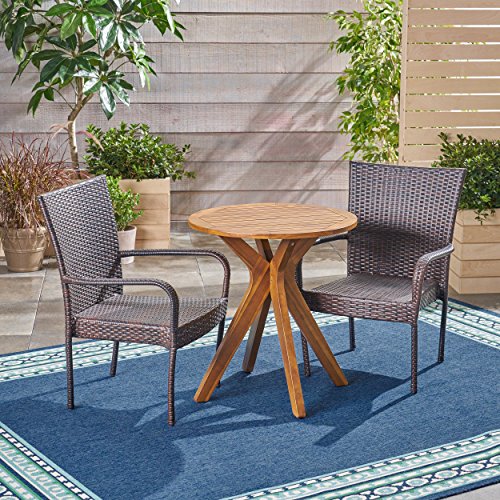 Great Deal Furniture GDFStudio Outdoor 3 Piece Acacia Wood and Wicker Bistro Set Teak Finish + Multi Brown