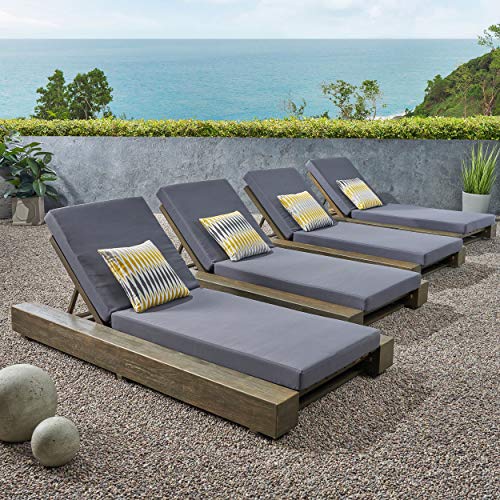 Great Deal Furniture Outdoor Acacia Wood Chaise Lounge Cushion Set of 4 Sandblast Gray Finish, Dark Gray