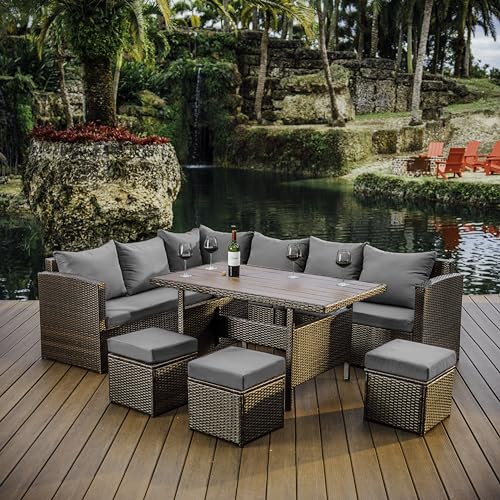 Nestl 7-Piece Wicker Outdoor Furniture Set Brown Frame/Grey Cushions
