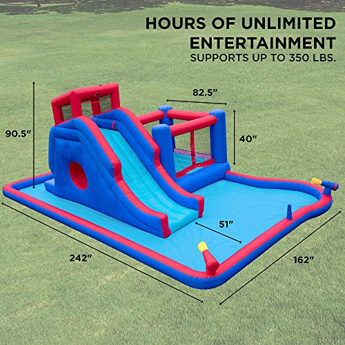 SUNNY & FUN 2-in-1 Inflatable Water Slide Park with Climbing Wall, Slide, Bouncer & Splash Pool Blue/Red