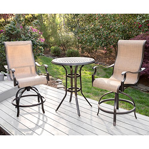 Hanover Manor 3-Piece Outdoor Dining Set with Sling Swivel Rockers and Bistro Table Tan/Bronze