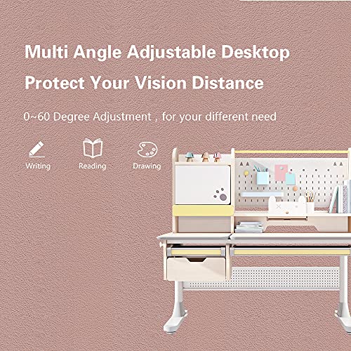 FCD Wood Ergonomic Kids Study Desk and Chair Set, Height Adjustable, 47" Tiltable Desktop with Bookshelf and Hutch, Multi-Function Pink Chair