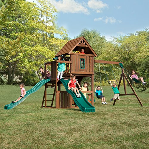 Swing-N-Slide Mont Eagle Play Set with Swings, Slides, Rock Wall, Picnic Table Green