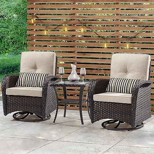 Gardenbee Patio Swivel Glider Wicker Chairs Set of 4 with 2 Side Tables Brown/Beige