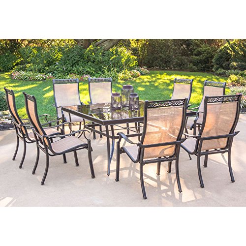 Hanover Monaco 9 Piece Outdoor Dining Set with 60" Square Glass-top Table and 8 Chairs Tan