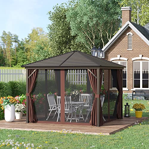 Outsunny 10' x 10' Hardtop Gazebo with Curtains and Netting Coffee Brown
