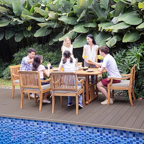 Cambridge Casual Mosko 7-Piece Teak Wood Patio Dining Set with Umbrella Hole and Beige Cushions