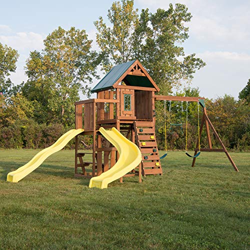 Swing-N-Slide Castlebrook Swing Set with Slides & Climbing Wall Wood
