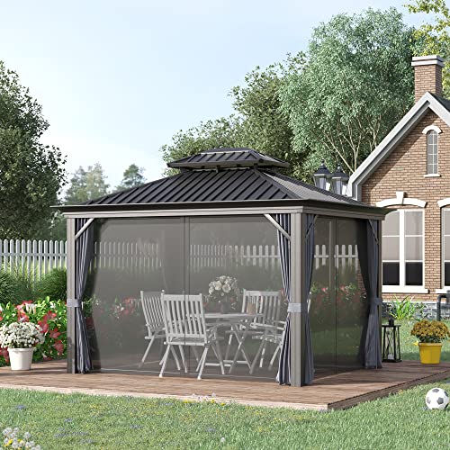 Outsunny 10' x 12' Hardtop Gazebo with Curtains and Netting Charcoal Gray