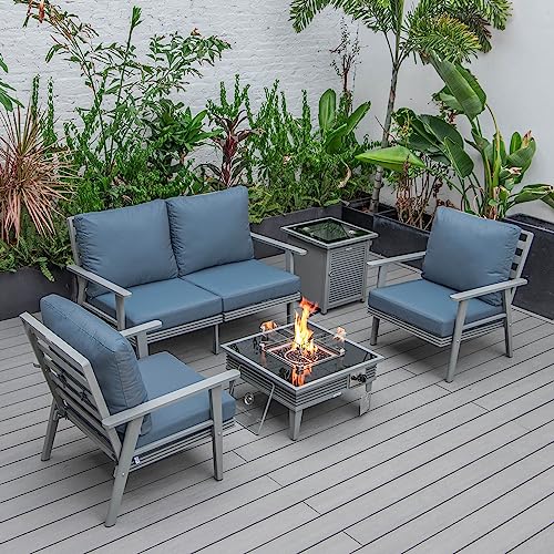 LeisureMod Walbrooke Modern Aluminum 5-Piece Patio Conversation Set with Fire Pit Table Navy Blue