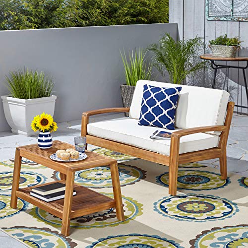 Great Deal Furniture Outdoor Teak Finished Acacia Wood Loveseat and Coffee Table Set with Beige Cushions
