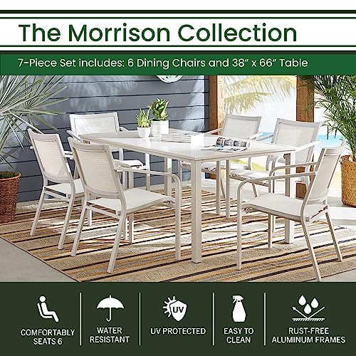 Hanover Morrison 7-Piece Outdoor Dining Set with 6 Sling Chairs and Square Table White/Multi