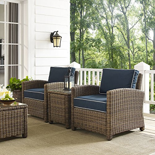 Crosley Furniture Bradenton 3-Piece Outdoor Chair and Side Table Set Brown with Navy Cushions