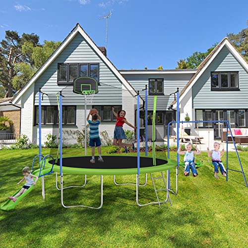 Lyromix 14FT Trampoline with Slide, Swings, Basketball Hoop & Ladder Green