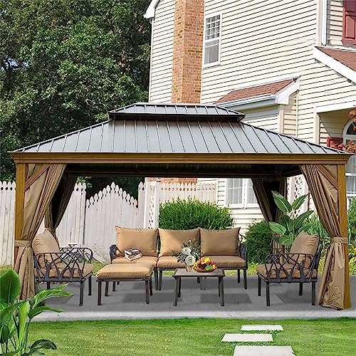ANTSKU 12'x16' Hardtop Gazebo Yellow Brown Wood Looking
