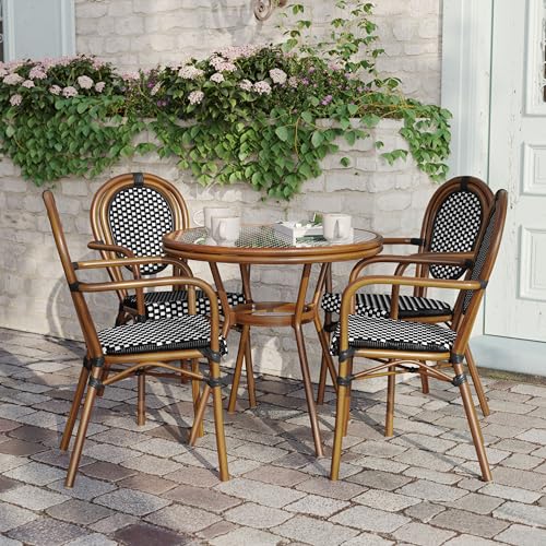 Flash Furniture Lourdes Indoor/Outdoor Commercial Bistro Set - Tempered Glass Top Table & 4 Chairs - Black & White Rattan/Natural Frame