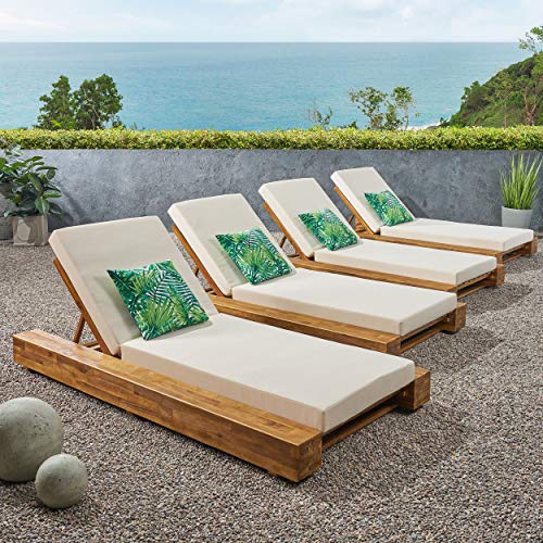 Great Deal Furniture Outdoor Acacia Wood Chaise Lounge Set of 4 Sandblast Teak Finish, Cream