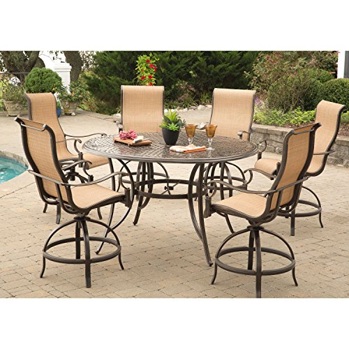 Hanover Manor 7-Piece Outdoor Dining Set with Swivel Chairs and Round Table Tan
