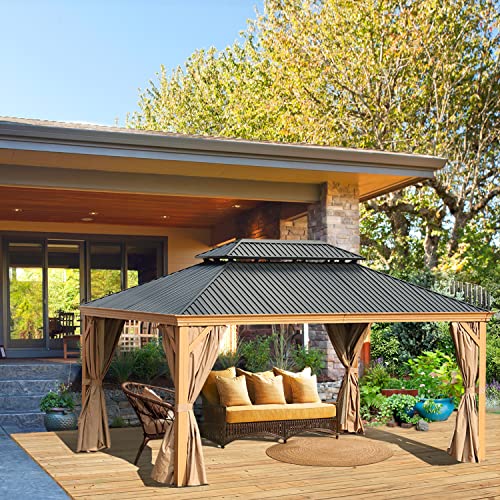 Aoodor 12' x 16' Aluminum Gazebo with Wood Grain Finish, 2-Tier Black Steel Roof, Curtains, and Netting Black/Wood Like Frame