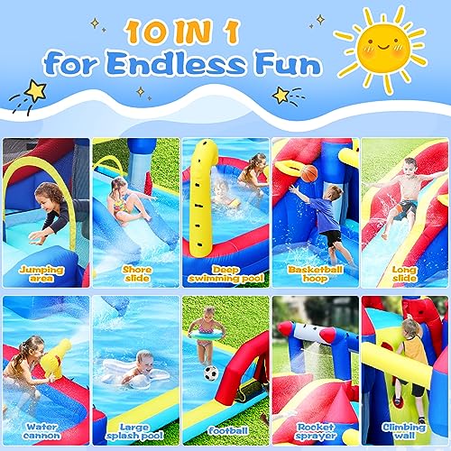 Ytonisld Inflatable Water Slide 19x17x8 Ft 10-in-1 Water Park Bouncy Castle Multicolor