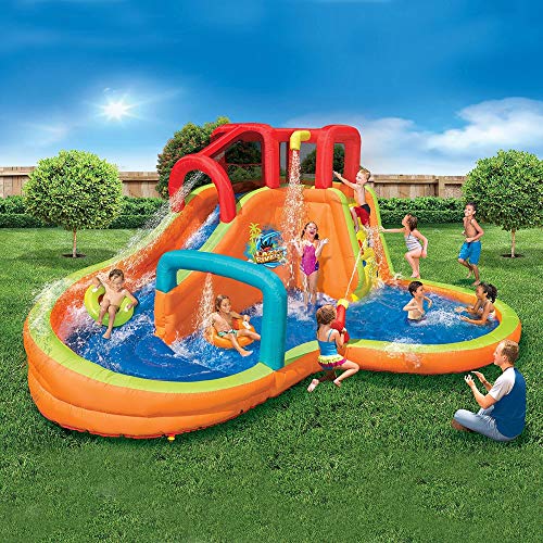 BANZAI Inflatable Water Park with Waterslide, Water Cannon, and Splash Pool