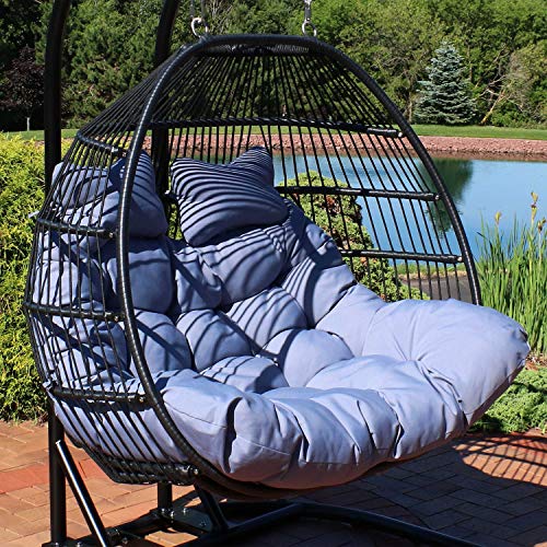 Sunnydaze Liza Loveseat Egg Chair with Gray Cushions - Black Wicker Frame - 550 lb Capacity - 43" Tall Grey
