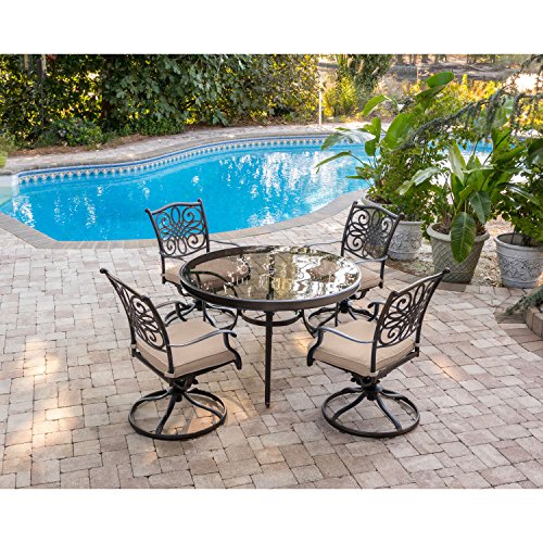 Hanover Traditions 5-Piece Outdoor Dining Set with Glass-Top Table and Swivel Rockers Tan