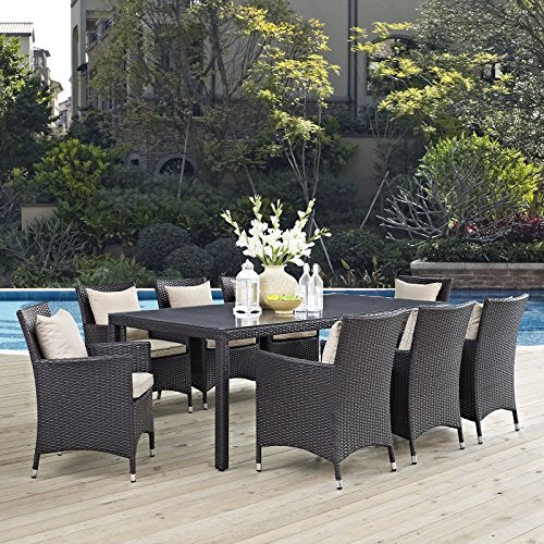 Modway Convene 9-pc Outdoor Patio Dining Set with Washable Cushion Covers Espresso Beige