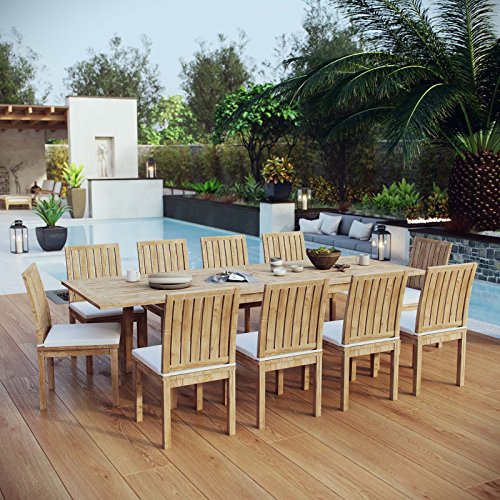 Modway Marina 11-Piece Premium Grade A Teak Wood Outdoor Patio Dining Furniture Set Natural White