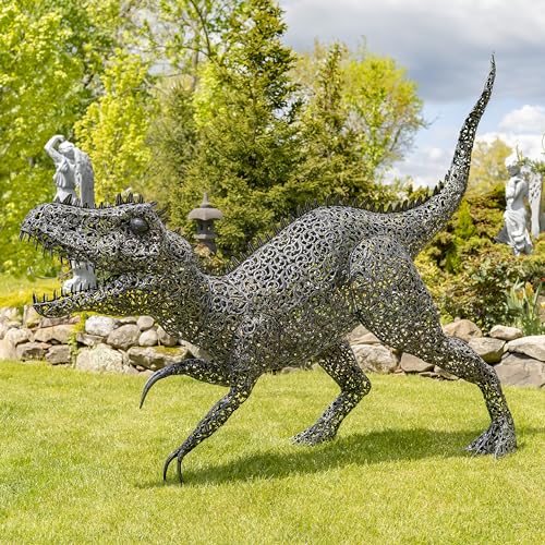Zaer Ltd. 7.33ft Tall Giant Metal Tyrannosaurus Rex Garden Statue Chompers Metallic