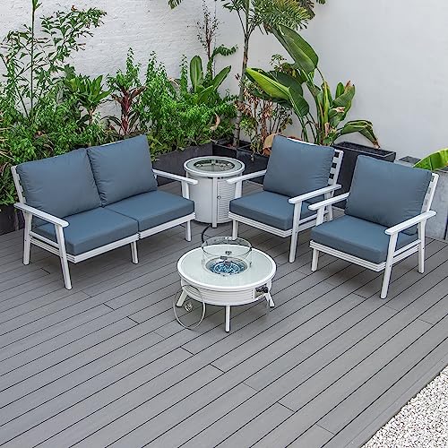 LeisureMod Walbrooke Modern Aluminum 5-Piece Patio Conversation Set with Fire Pit Navy Blue