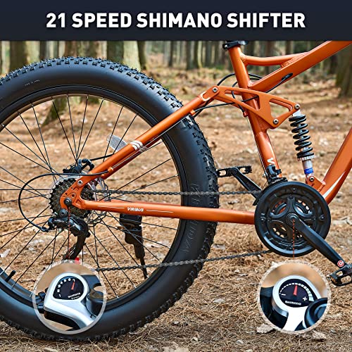 Viribus Fat Tire Bike Mens Mountain Bike Full Suspension 21 Speed Aluminium Alloy Frame 26" MTB Adult Bicycle Orange