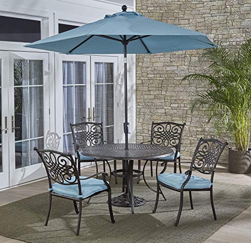Hanover 5-Piece Traditions 48" Cast-Top Aluminum Patio Dining Set with Cushioned Chairs and Umbrella Stand Blue