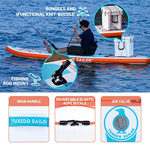 Tuxedo Sailor Inflatable Fishing Kayak Ultra Long Weight Capacity 450lbs Stand Up Paddle Board White/Blue/Orange 3