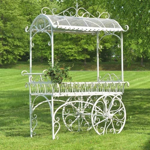 Zaer Ltd. Large Metal Commercial Flower Cart Display with Roof Antique White