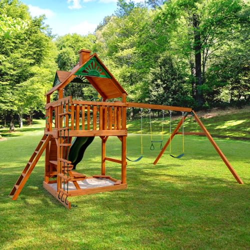 Gorilla Playsets Chateau Swing Set with Wave Slide and Rock Wall Amber