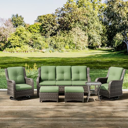 Joyside 6-Piece Wicker Patio Furniture Set with Sofa, Rocker Chairs, Ottomans, and Side Table Green