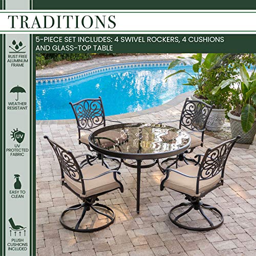 Hanover Traditions 5-Piece Outdoor Dining Set with Glass-Top Table and Swivel Rockers Tan