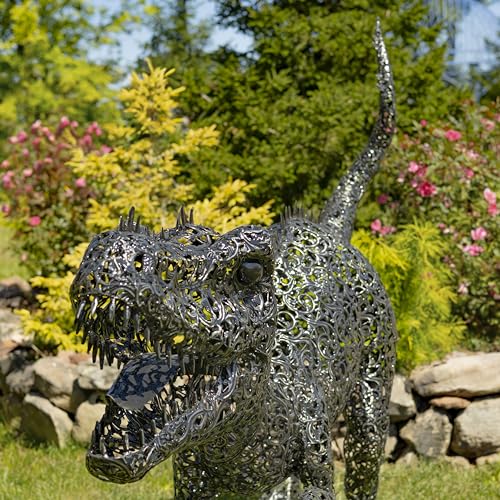 Zaer Ltd. 5.6 ft. Tall Crouching Tyrannosaurus Rex Outdoor Metal Statue "T-Bone" Metallic