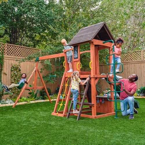 KidKraft Raptor Trail Wooden Swing Set with Twisty Ladder, Wavy Slide, Rock Wall Brown