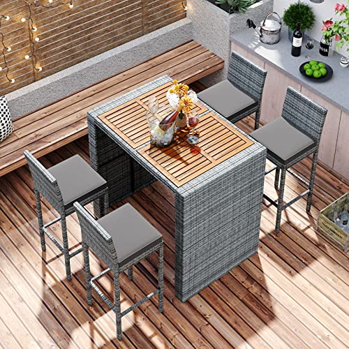 EPOFIT 5-Piece Wicker Outdoor Bar Set with 4 Cushioned Stools & Acacia Wood Table Grey