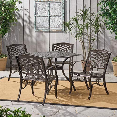 Christopher Knight Home Hallandale Outdoor Sarasota 5-Piece Cast Aluminum Dining Set Hammered Bronze