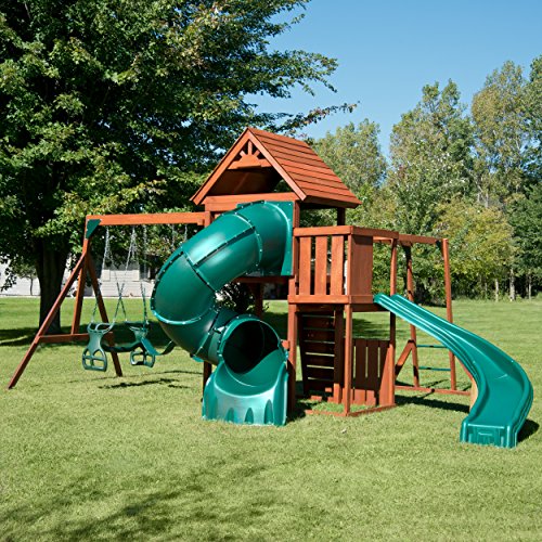 Swing-N-Slide Grandview Twist Play Set with Slides, Swings, Monkey Bars, Glider, Climbing Wall Green