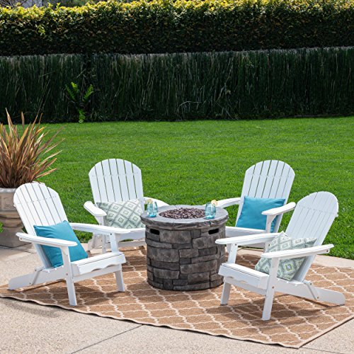 Great Deal Furniture Outdoor 5 Piece Acacia Wood & Lightweight Concrete Adirondack Chair Set with Fire Pit Grey & White