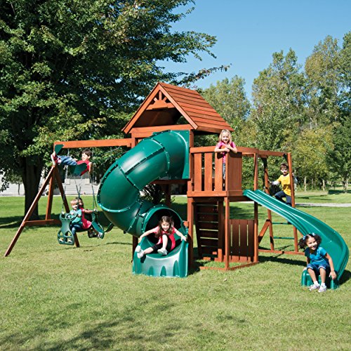 Swing-N-Slide Grandview Twist Play Set with Slides, Swings, Monkey Bars, Glider, Climbing Wall Green