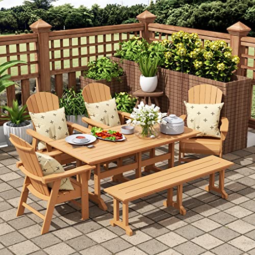 WO WESTIN OUTDOOR 4-Piece Adirondack Dining Chair Set with Table and Bench, Weather Resistant HDPE, Teak