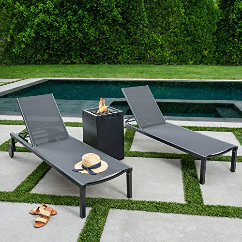 Hanover Windham 3 Piece Outdoor Fire Pit Set with 40,000 BTU Gas Fire Pit and 2 Chaise Lounge Chairs Grey