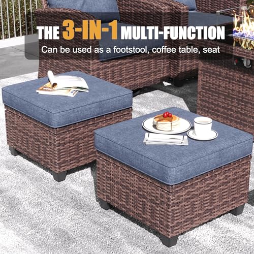 LayinSun 10-Piece Patio Furniture Set with Swivel Chairs and Fire Pit Table Brown/Navy Blue