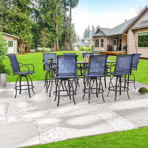 Festival Depot 11pcs Patio Dining Set Bar Height Swivel Bistro Chairs with Armrest and Glass Top Table Blue